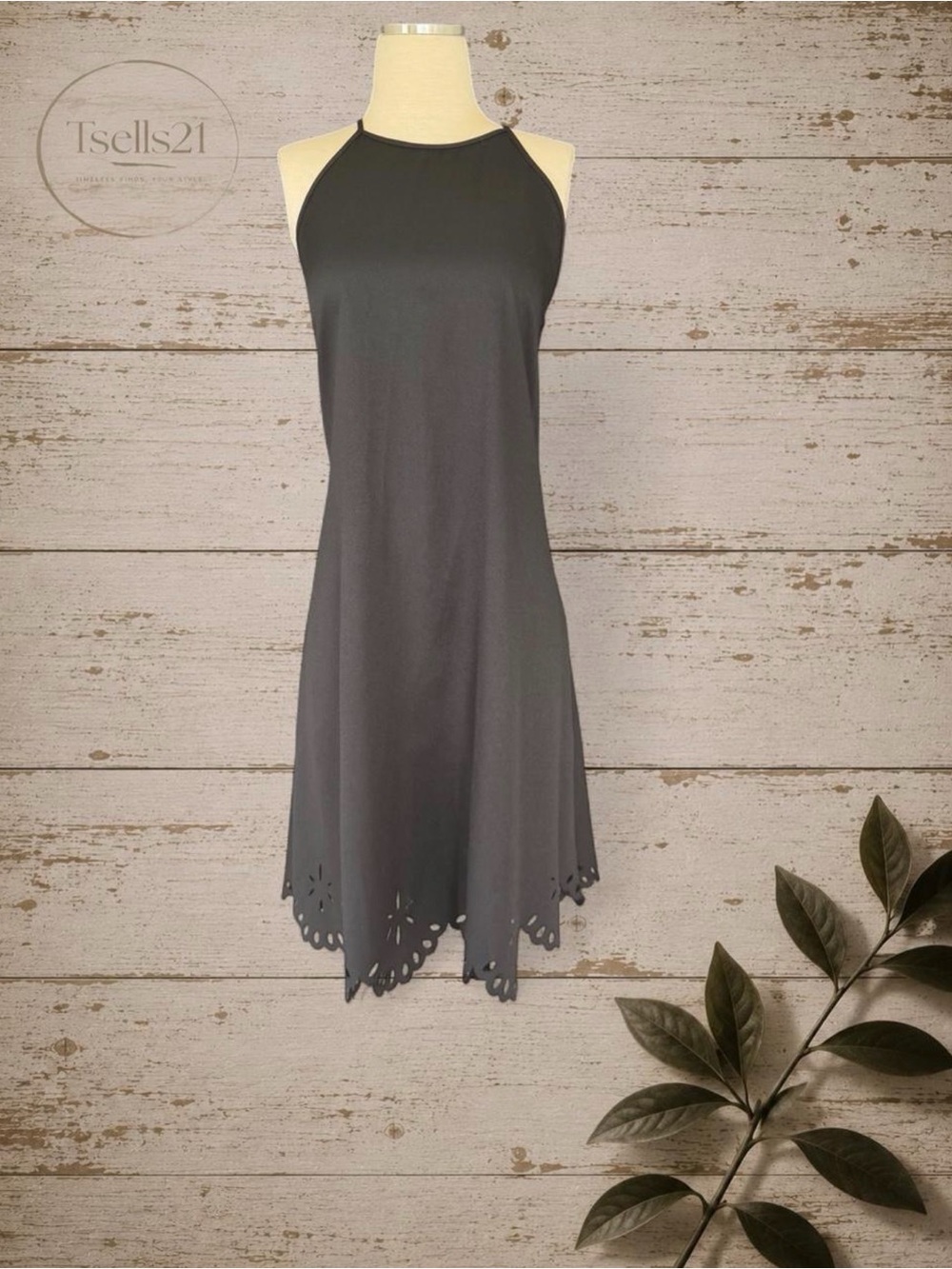 Brenda Black Halter Dress Laser Cut Scalloped Hem Midi